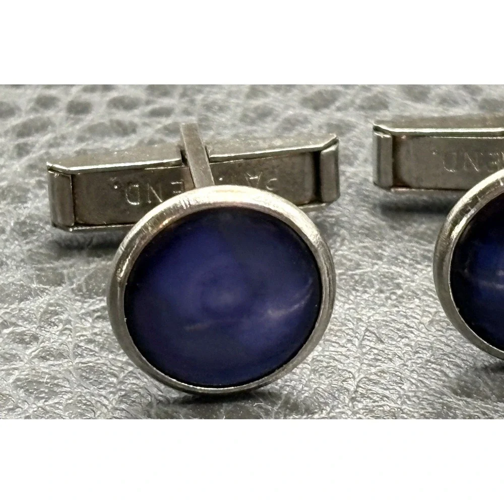 Vintage Silver Tone Moonglow Blue Cabochon Cufflinks Studs Cuff Button Set